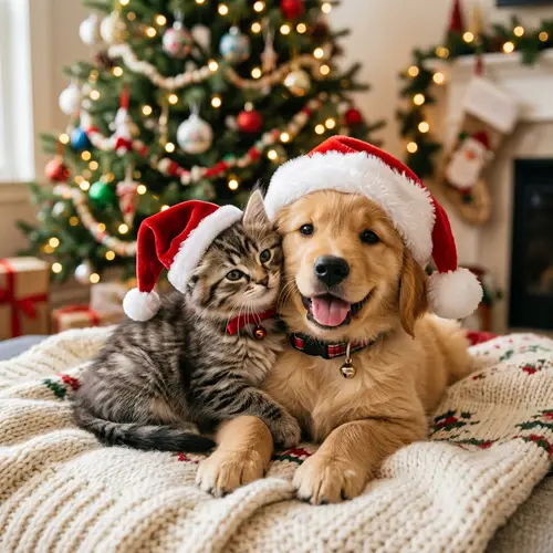 Adorable Kitten and Puppy in Christmas Hats | Heartwarming Image