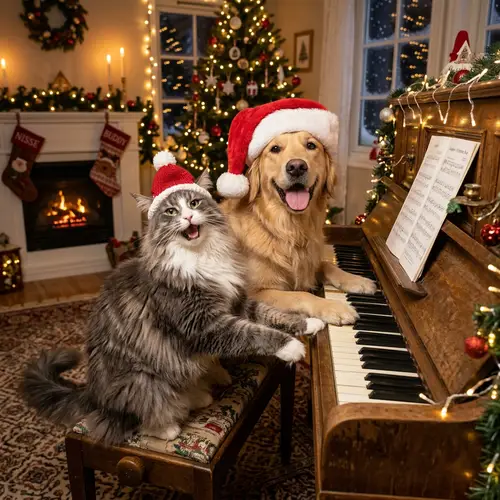 Jubilant Norwegian Cat and Golden Retriever Celebrate at Piano