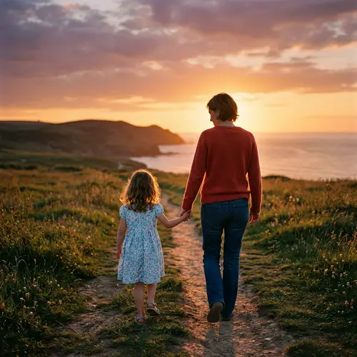 Caucasian Girl & Mother Strolling into Sunset | Bonding Moment