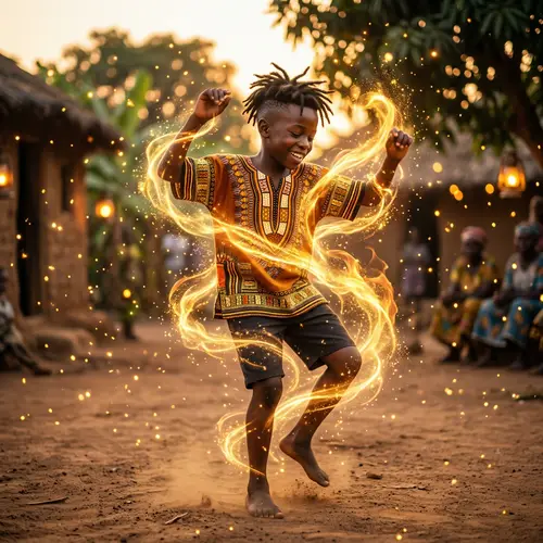 Golden Spirit Dancing with African Boy | Enchanting Warm Hues