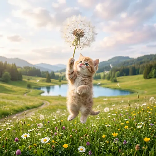 Cute Kitten with Dandelion in Magical Meadow