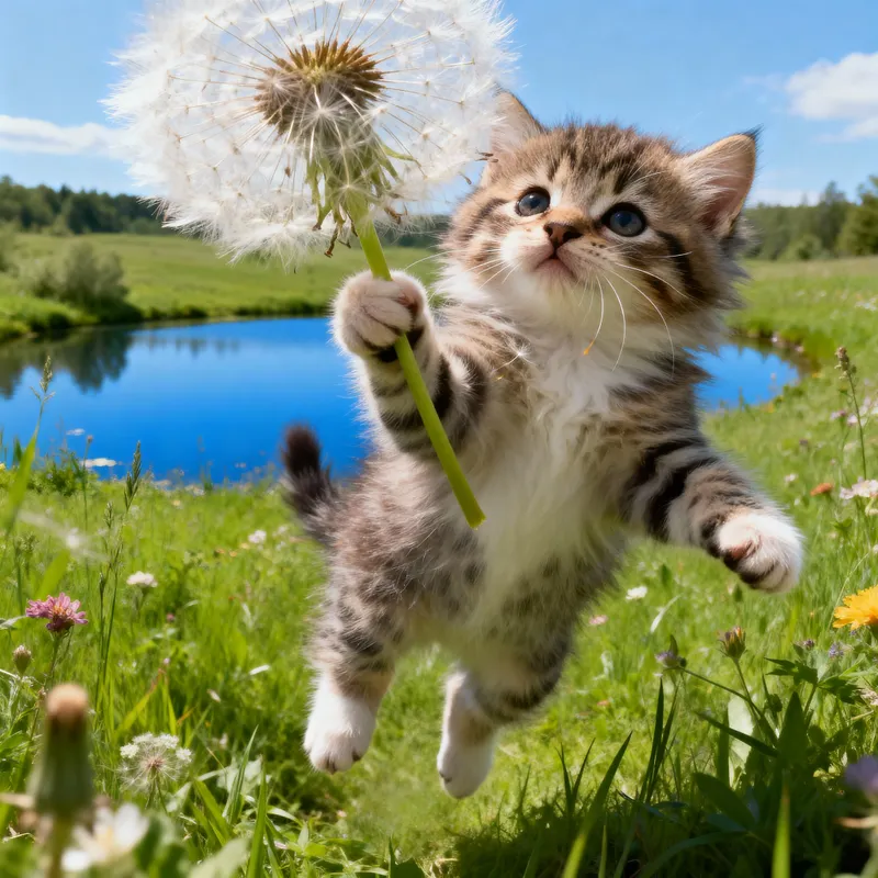 Cute Kitten with Dandelion in Magical Meadow