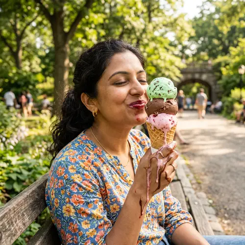 Cheerful Woman Enjoying Triple Scoop Ice Cream in Sunny Park