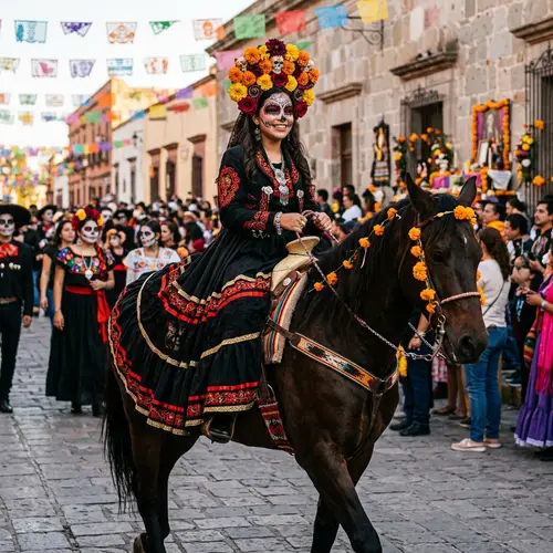 Girl Dressed as Catrina Riding a Horse