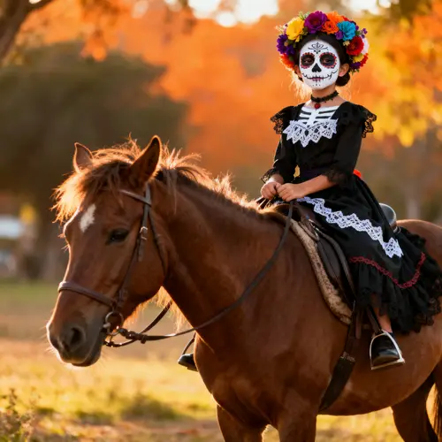Girl Dressed as Catrina Riding a Horse