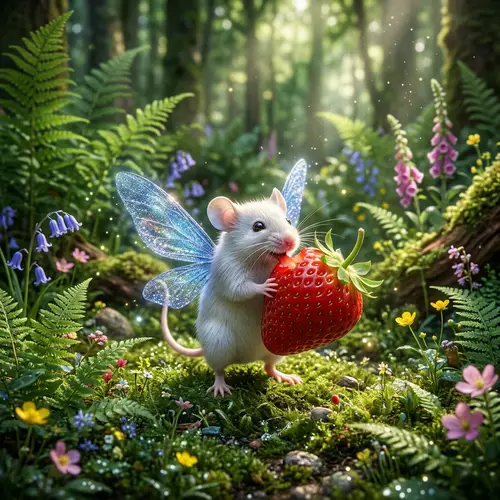 Enchanted Fairy Mouse Biting a Strawberry