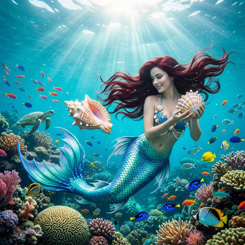 Fantasy Mermaid Holding a Seashell - Mystical Underwater