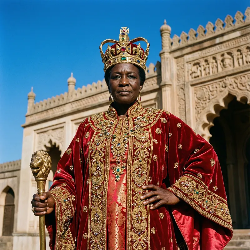 African Queen with Regal Red and Gold Robes | Majestic Crown