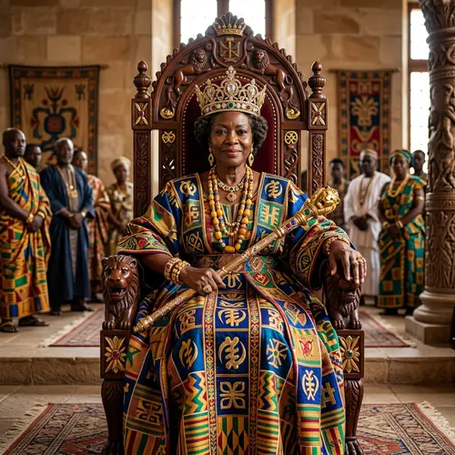 Regal African Queen in Vibrant Royal Attire | Throne Portrait