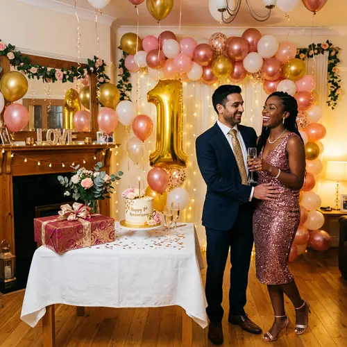 First Anniversary Celebration with Balloons, Cake & Love