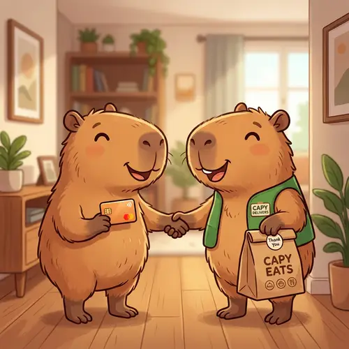 Happy Cartoon Capybaras Greeting with VISA Card and Food Delivery - Modern Scene