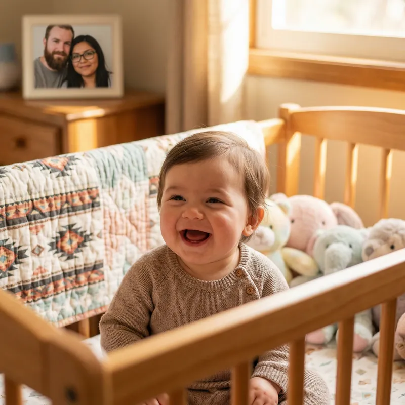 Adorable Baby with Mixed Heritage Playing Happily in Cot
