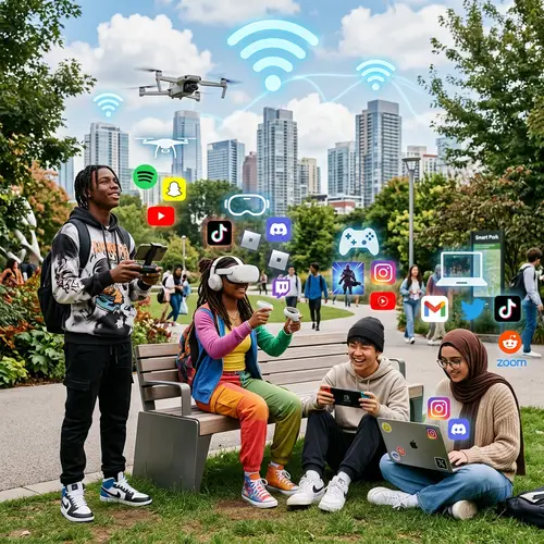 Gen Z Technology Scene: Diverse Teenagers and Digital Devices