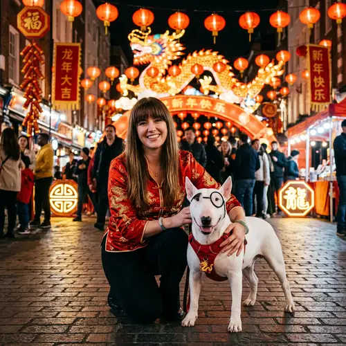 Caucasian Woman with Brunette Hair and White Bull Terrier in Year of the Dragon Scene