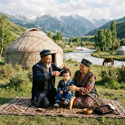 Kazakh Grandparents Cutting Hair of One-Year-Old Boy | Traditional Attire Scene