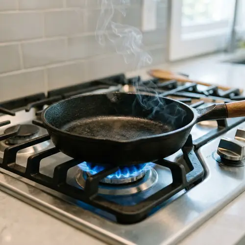 Black Cast Iron Frying Pan on Blue Gas Flame | Cookware Scene