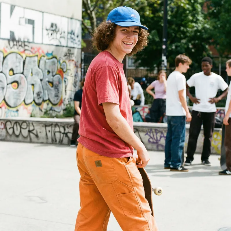 White Teenager with Curly Hair in Blue Cap and Orange Pants