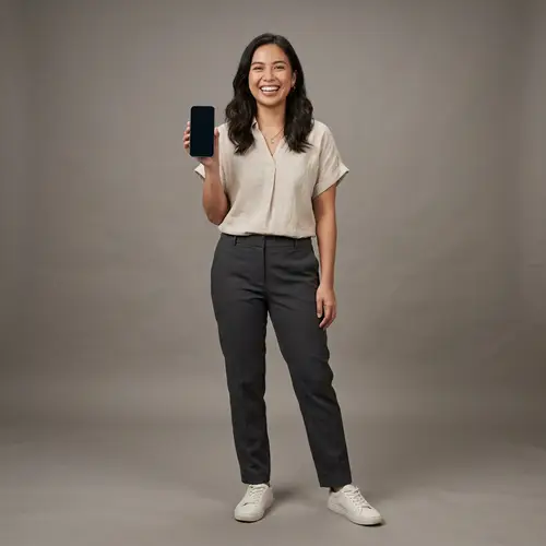 Smiling Filipina Woman with Mobile Phone | Ad Style