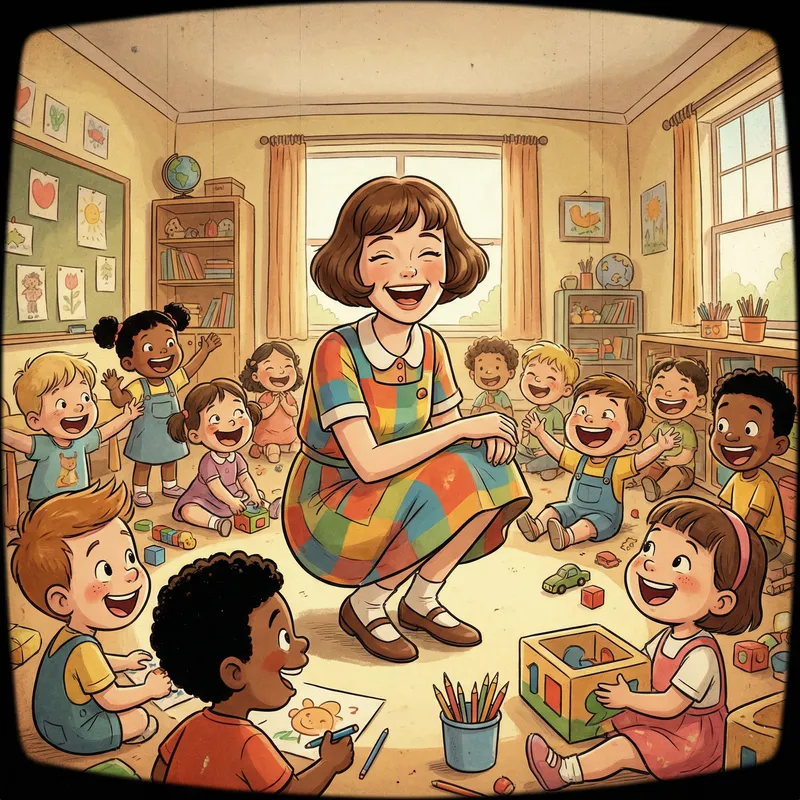 Joyful Preschool Teacher Surrounded by Laughter Joyful Preschool Teacher Surrounded by Laughter