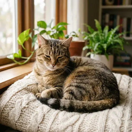 Adorable Cat with Soft Fur Coat About to Fall Asleep