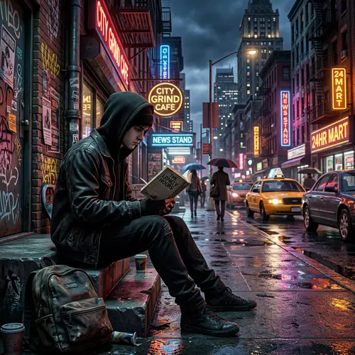 High Definition 3D Digital Art | Melancholic Character Reading in City Corner