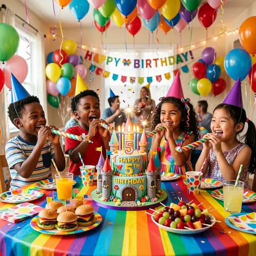 Colorful Children's Birthday Party with Castle Cake and Balloons