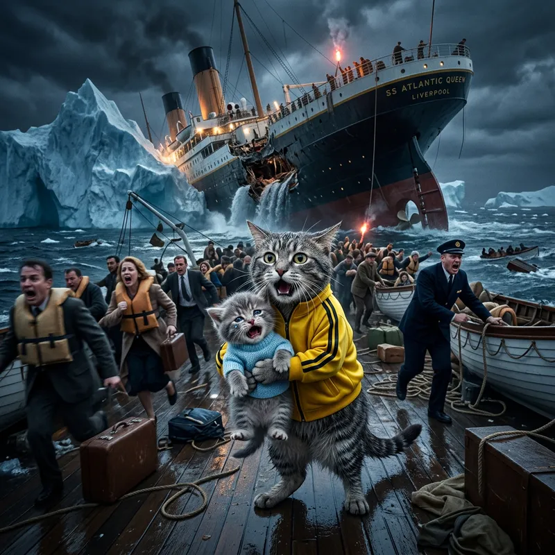 Real Life Grey Cat and Kitten on Sinking Ship in Shock Real Life Grey Cat and Kitten on Sinking Ship in Shock