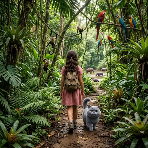 Girl and British Shorthair Cat Hiking in Jungle | Realism Art