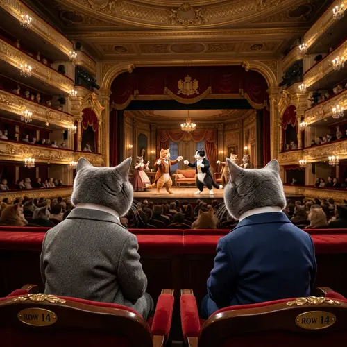 Elegant Cats in Grey and Blue Suits Enjoy Theatre Performance