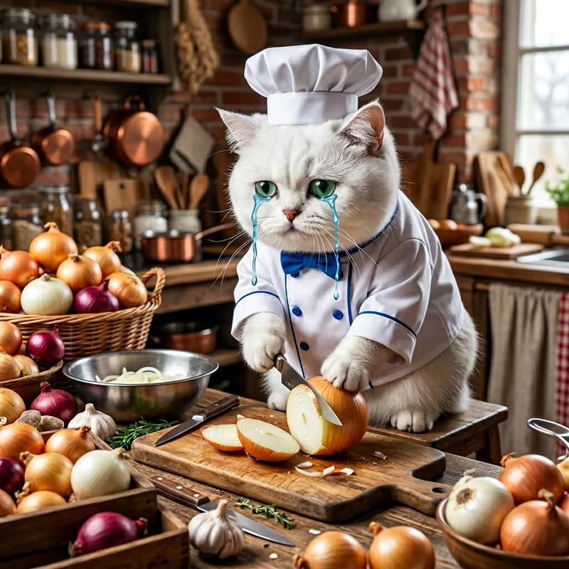 Chubby British Cat Chef Cutting Onion with Realistic Green Eyes Chubby British Cat Chef Cutting Onion with Realistic Green Eyes