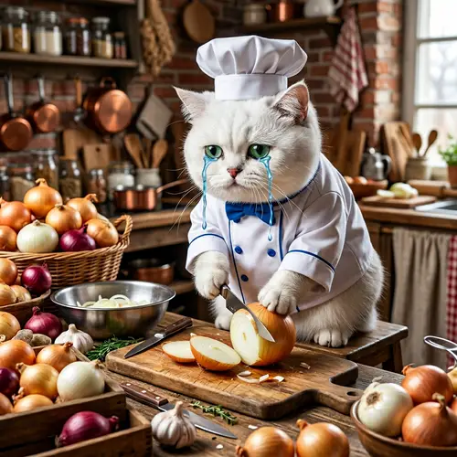 Cute White British Cat Chef Slicing Onion - Photorealistic Image