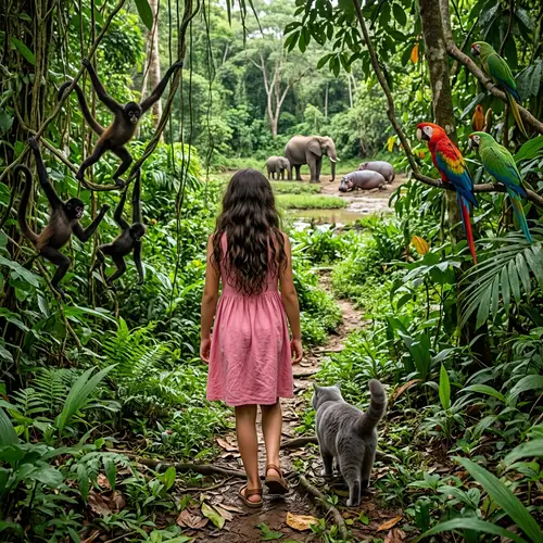 Realistic Jungle Scene with Girl and Cat - High-Resolution Photo