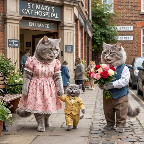 Adorable Family Cats in Colorful Outfits Leaving Hospital