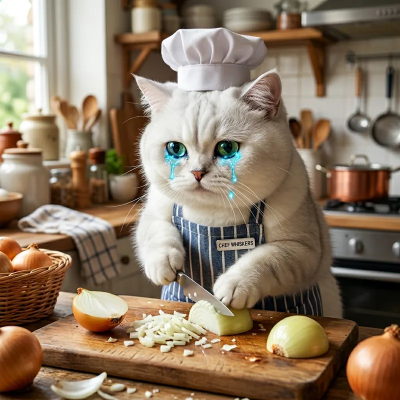 Chubby British Cat Chef Crying While Chopping Onions