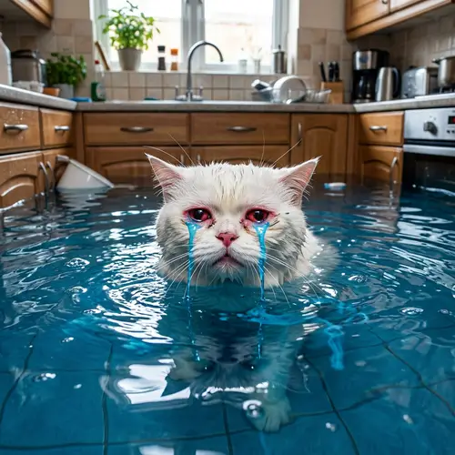 Cute British Cat in Realistic Flooded Kitchen with Green Eyes