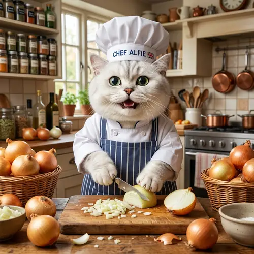 Cheerful Cartoon Cat in Kitchen Cutting Onions - Realistic Photo