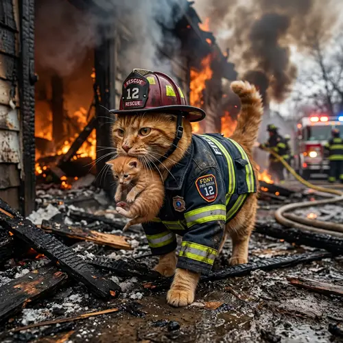 Realistic Ginger Cat Fireman Rescue Photo
