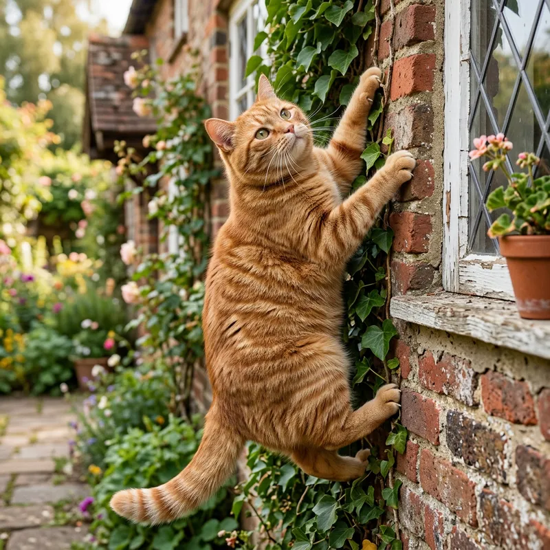 Captivating Spider-like Ginger Cat Climbing Wall | Realistic Photorealism