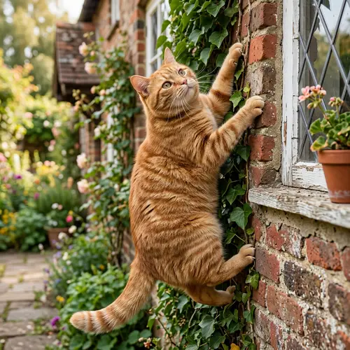 Charming Spider-like Ginger Cat Climbing Wall | Realistic Aesthetic Beauty