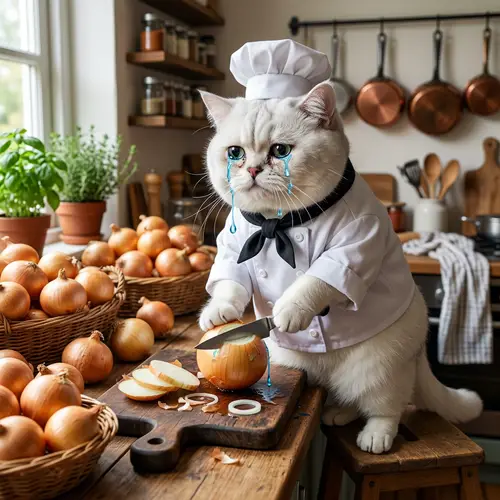 Charming British Cat in Chef Costume Cutting Onions | Realistic Photography