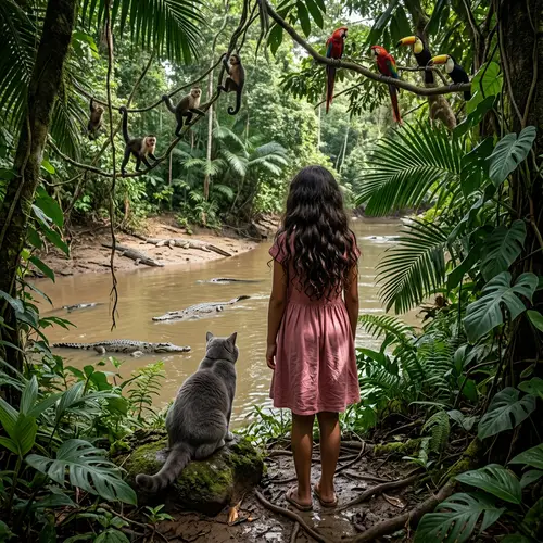 12-Year-Old Girl and British Cat in Real Jungle with Crocodiles