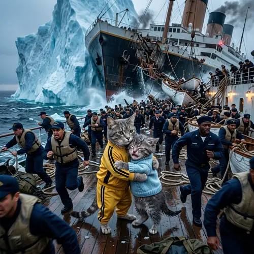 Ship Collision with Iceberg: Grey Cat Comforts Kitten on Board