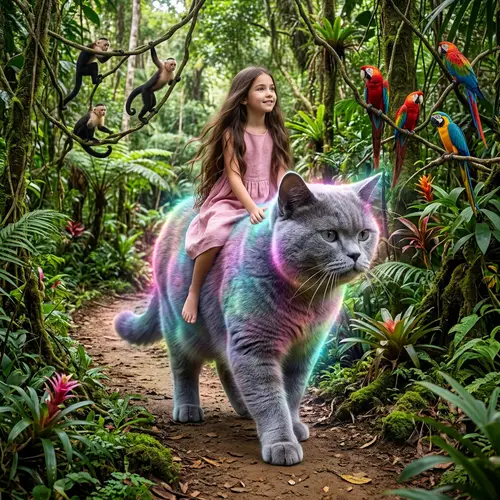 Incredibly Realistic Scene: British Cat, Girl in Pink Dress, Wild Jungles