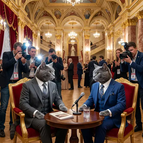 Elegant Grey Cats in Classic Suits at Russian Theater