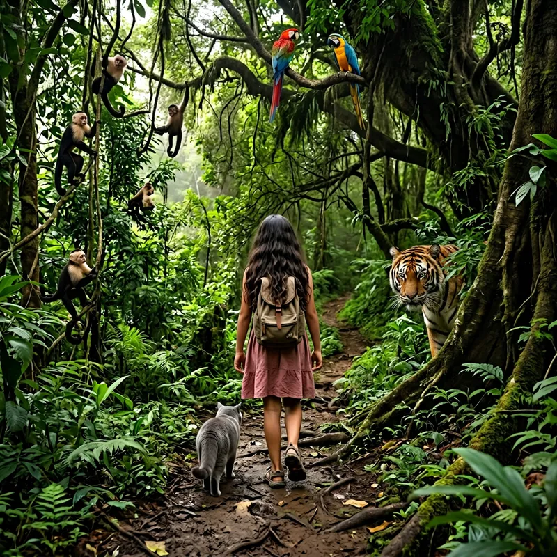 12-Year Old Hispanic Girl and Grey Cat Explore Realistic Jungle 12-Year Old Hispanic Girl and Grey Cat Explore Realistic Jungle