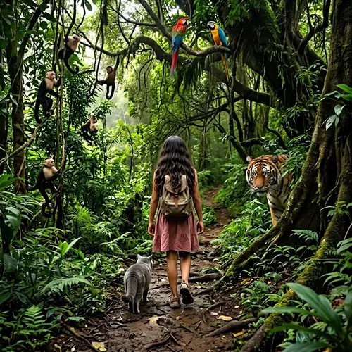 12-Year Old Girl and Cat Explore Realistic Jungle - Professional Photography