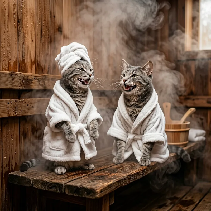 Grey Cats in Realistic Sauna Scene with High Resolution Detailing