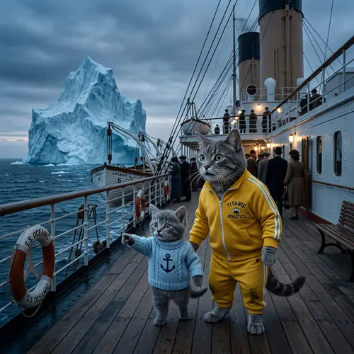 Grey Cat and Kitten in Yellow Tracksuit and Sweater Spotted Iceberg on Titanic-like Ship