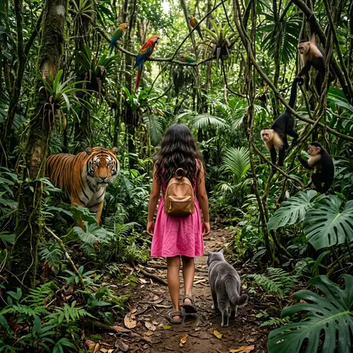 Realistic Jungle Encounter: Girl, Cat, and Tiger