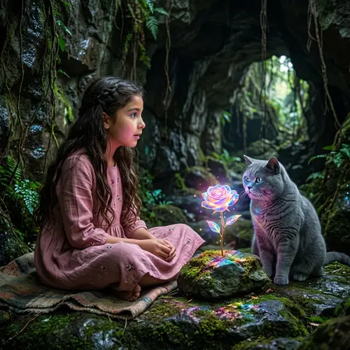 Girl and Cat in Jungle Cave: Enchanting Rose Scene in Realistic Art Style